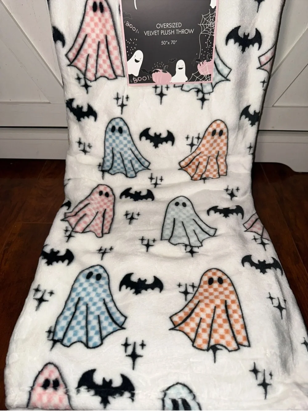 Halloween Pastel Checkered Ghost Plush Throw Blanket